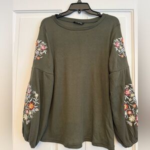 BloomChic Olive Green Embroidered Puffy Sleeves Sweatshirt